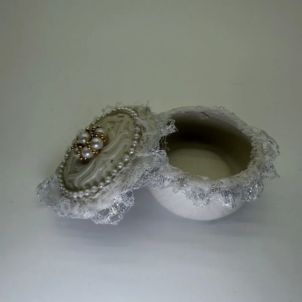 Handmade Ceramic Ring Box Trinket Engagement Wedding Embroidery Lace Pearls